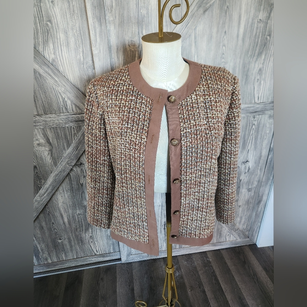 Appleseed Chic Tweed Jacket with Brown And Pink Accents